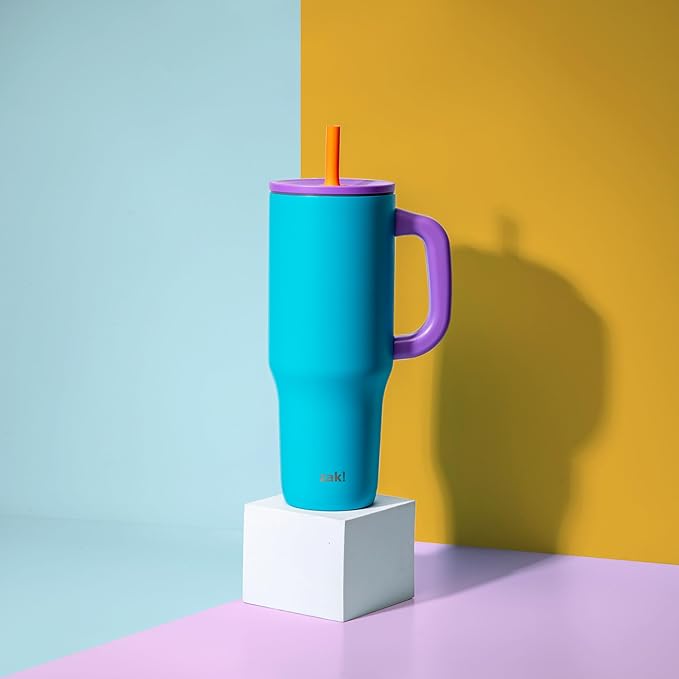 Zak Designs Sutton Travel Tumbler for On the Go, 40oz Stainless Steel with Vacuum Insulation, Silicone Straw, and Carry Handle for Cold Drinks (Turquoise)