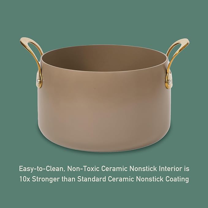 Bloomhouse - Two Time Oprah's Favorite Things Winner - 8 Quart Stock Pot w/Lid – PFAS-Free Ceramic Nonstick Dutch Oven Heavy Duty Aluminum Oven Safe Dishwasher Safe Cappuccino Cream w/Gold Handles