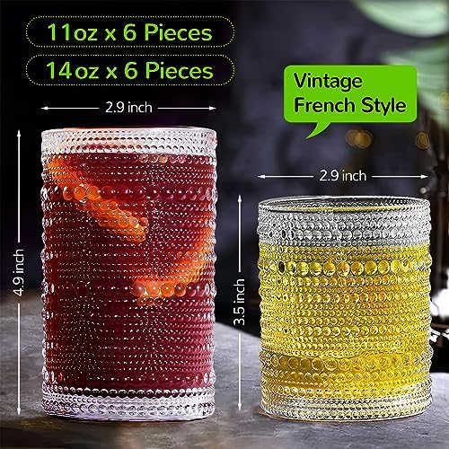 Vintage Hobnail Drinking Glasses Set of 12-14 oz Old Fashioned Water Glass Cups & 11 oz Cocktail Glasses, Aesthetic Kitchen Bar Tumbler Glassware Gifts Sets for Smoothie, Juice, Coffee, Wine
