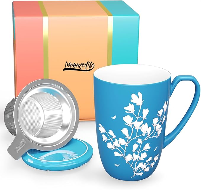 Tea Cup with Infuser and Lid - Tea Mug with Lid for Steeping Loose Leaf Coffee Milk Women Office Home Gift 16oz Navy Flower