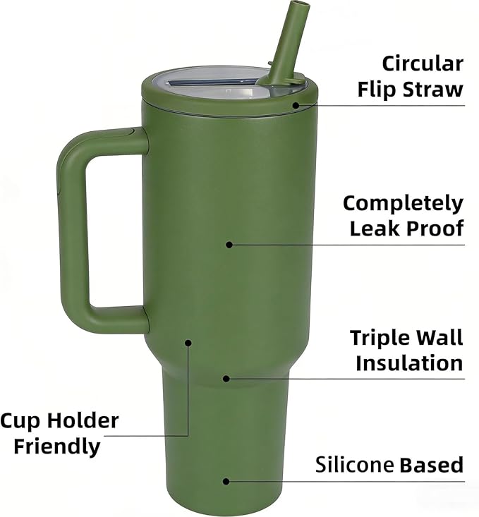40 oz Insulated Tumbler with Handle,Flip Straw,Lid & Rubber Base Stainless Steel Water Bottle - Leak Proof Vacuum Insulated Mug BPA Free Reusable Travel Cup Gifts for Women/Men (dark green 40oz)