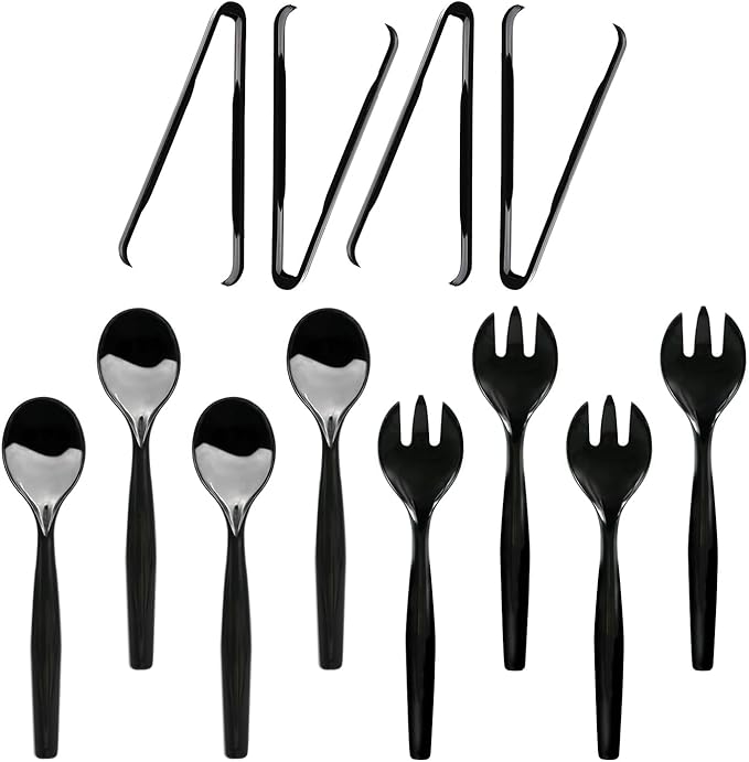 Party Essentials Disposable Heavy Duty Plastic Serving Utensils for Buffets Events Parties, 4-Sets of Spoons/Forks/Tongs, Black