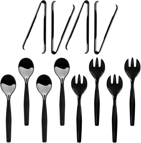Party Essentials Disposable Heavy Duty Plastic Serving Utensils for Buffets Events Parties, 4-Sets of Spoons/Forks/Tongs, Black