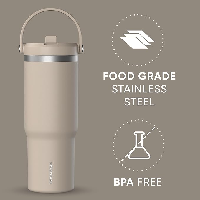 Hydrapeak Nomad 32 oz Tumbler with Handle and Straw Lid, Leakproof, Double Insulated, 32oz Cup Stainless Steel (ST-Latte)