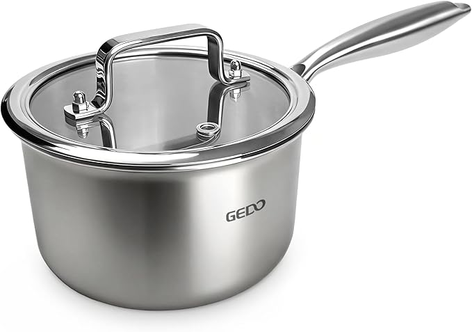 GEDO 3-Ply 304 Stainless Steel Saucepan with Lid, One-Piece Rivet-Free & Seamless Design, Angled Spout & Heat-Resistant Handle, Universal Stovetop Compatible for Indoor Cooking (7 In / 18cm Size)