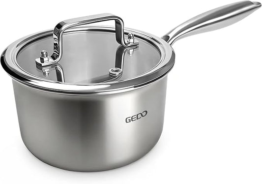 GEDO 3-Ply 304 Stainless Steel Saucepan with Lid, One-Piece Rivet-Free & Seamless Design, Angled Spout & Heat-Resistant Handle, Universal Stovetop Compatible for Indoor Cooking (6.3in / 16cm Size)