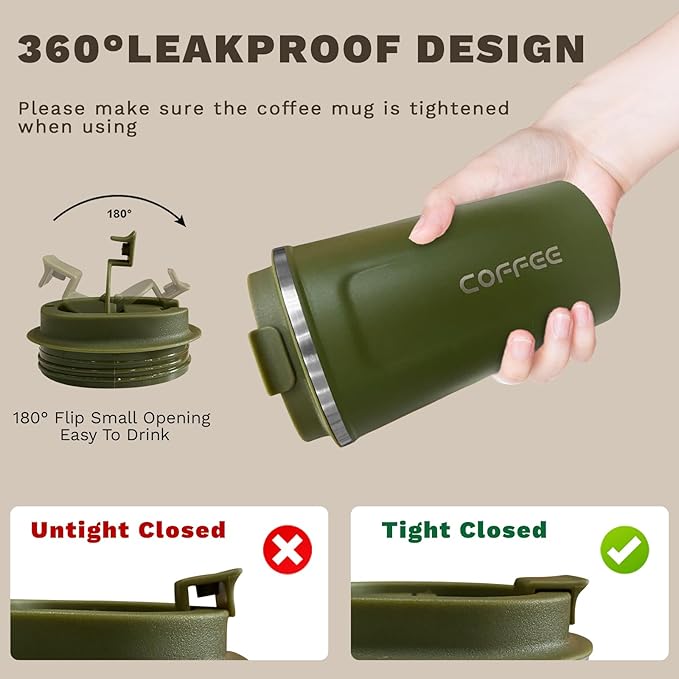 Travel Coffee Mugs Leak-Proof, Reusable Coffee Cups with Lids, Stainless Steel Vacuum Insulated Coffee Tumblers, Thermal Insulation Cups for Men and Women Hot & Cold Drinks(2nd-Green, 17OZ)