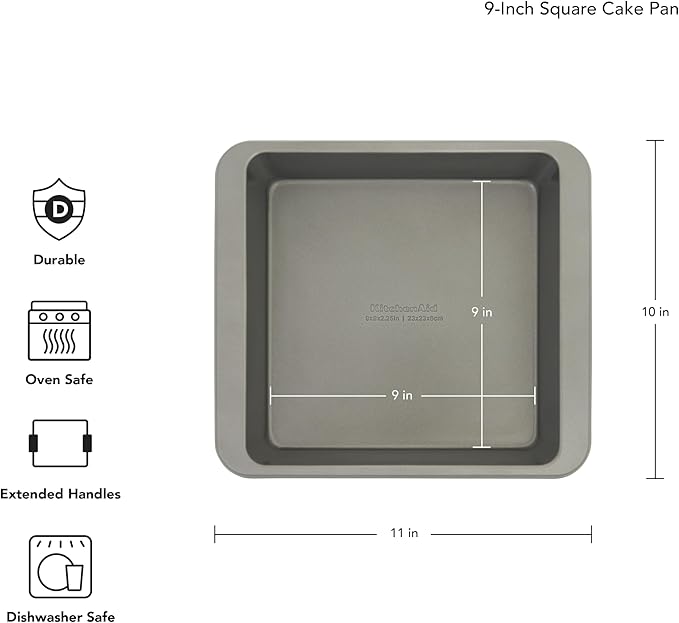 KitchenAid Nonstick Swiss Engineered Aluminized Steel Square Cake Pan, Dishwasher Safe, Contour Silver, 9 Inch