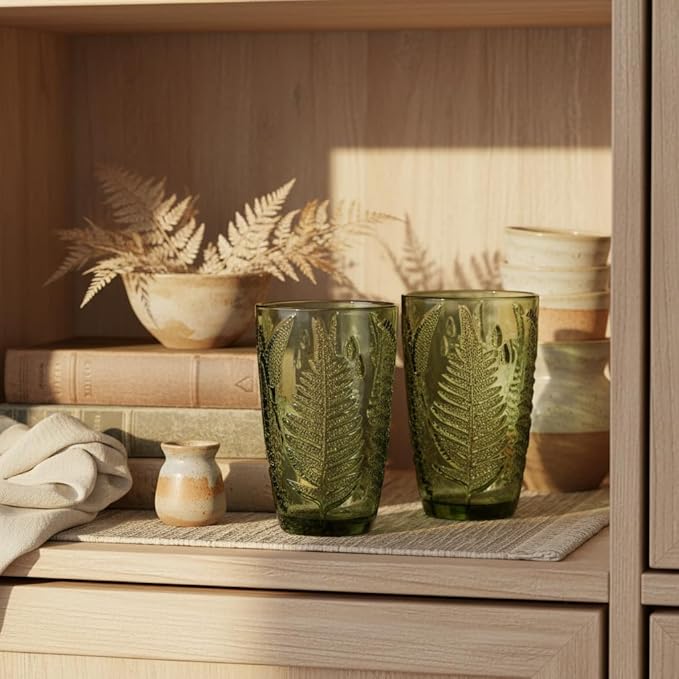 Green Drinking Glasses Set of 4, 12 oz Hand-Pressed Vintage Drinking Glasses, Deep Textured Antique Glassware, Fern Embossed Highball Tumblers, Colored Boho Glass Cups, Retro Style Drinkware Gift Set