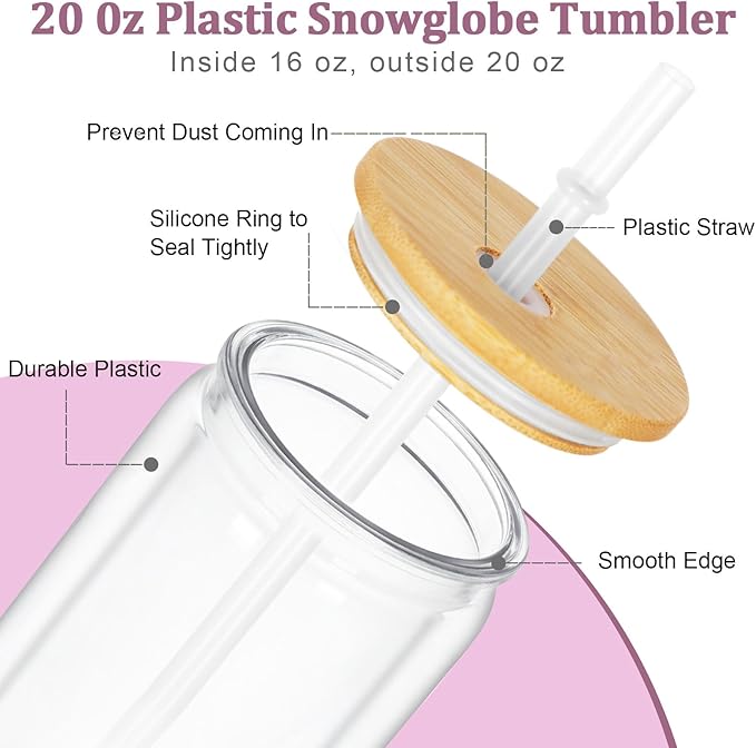 15 Pack Acrylic Snow Globe Tumbler, 20 Oz Pre Drilled Double Wall Snow Globe with Bamboo Lid Supplies Kit, Plastic Snowglobe Tumbler Diy Kit Including Cups And Diy Tools