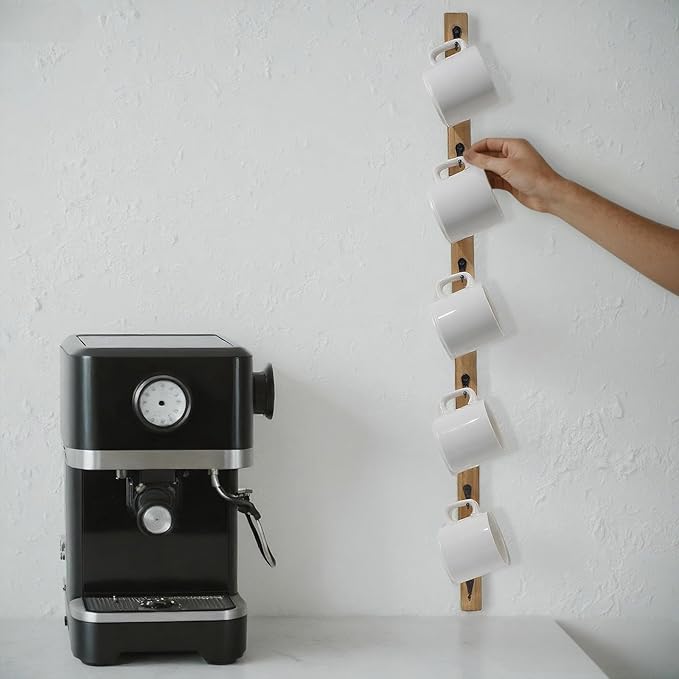 Wall-Mounted Coffee Mug Rack - 6-Hook Solid Wood Cup Holder for Kitchen Cabinet, Space-Saving Tea Bar Organizer with Rustic Decor (Vertical Rectangle Design)
