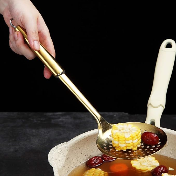 Berglander Skimmer, Stainless Steel Gold Strainer, Golden Cooking With Titanium Plating, Slotted Spoons, Kitchen For Cooking, Strainer Metal Skimmer Spoon (Gold)