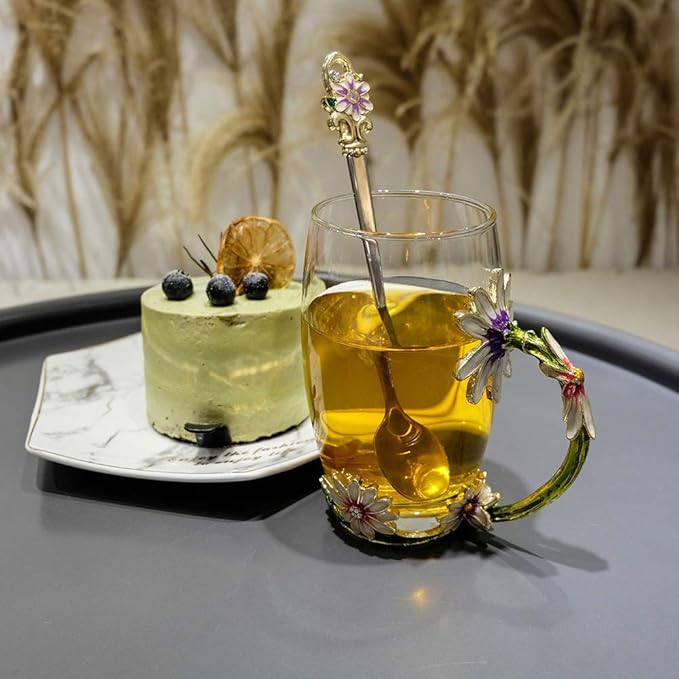 Daisy Flower Tea Cup,Handmade Glass Enamel Coffee Mugs with Delicate Spoon,Birthday Gift for Wife,Mum,Girlfriend,Teacher