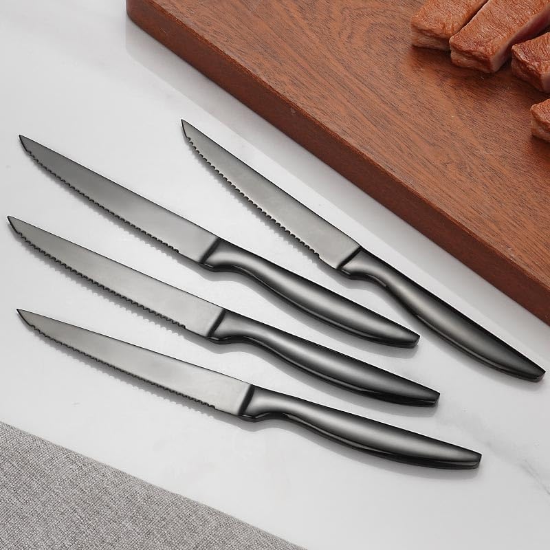 Black Steak Knives Set of 6, Stainless Steel Serrated Kitchen Steak Knives