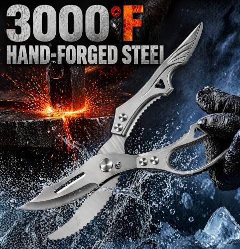 Heavy Duty Poultry Shears, Spring Loaded Kitchen Shears with Safety Lock - Sharp Stainless Steel Blades, Non-Slip Aluminum Handle, Dishwasher Safe Kitchen Scissors for Chicken, Turkey, Meat & Fish