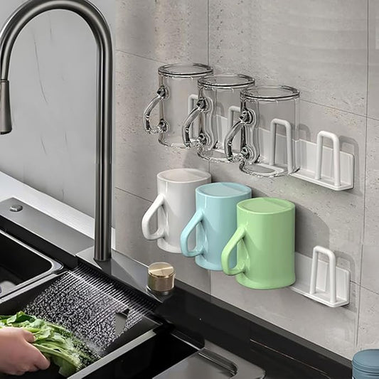 2pcs Cup Holder Wall-Mounted Mug Hook Coffee Cups Holder no Drilling Coffee Mug Rack with 4 Cup Holders Rack for Kitchen/Living Room/Office (White)