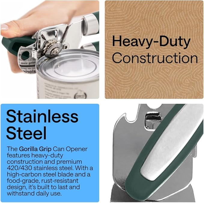 GORILLA GRIP Heavy Duty Stainless Steel Smooth Edge Manual Can Opener and Bottle Openers, Soft Comfortable Handle, Oversized Handheld Turn Knob, US Designed Multifunctional Kitchen Tool, Hunter Green