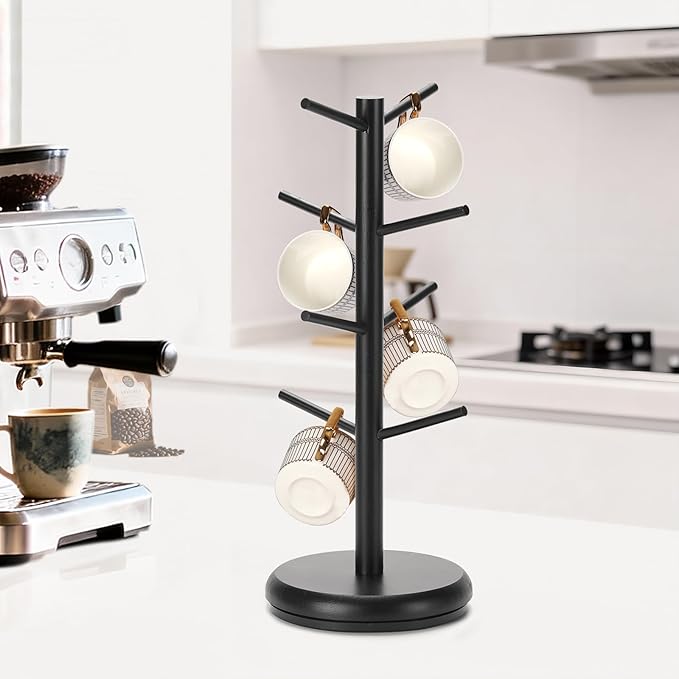 BAMBANG Coffee Mug Tree, 360° Rotating Bamboo Cup Holder Tree for Counter Top, Mug Rack with 8 Hooks, Mug Stand for Coffee Bar, Home, Black