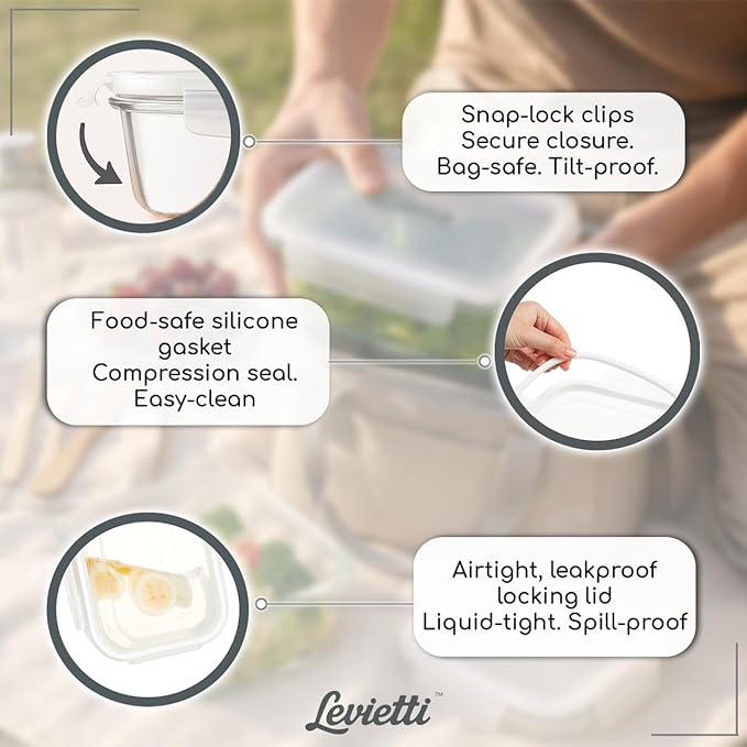 Levietti 2-Pack Borosilicate Glass Containers with Lids 35oz (1040ml) Airtight Leakproof Glass Food Storage for Leak-Free Fresh Meals, Leftovers, BPA-Free Locking Clips - Oven/Microwave/Freezer Safe