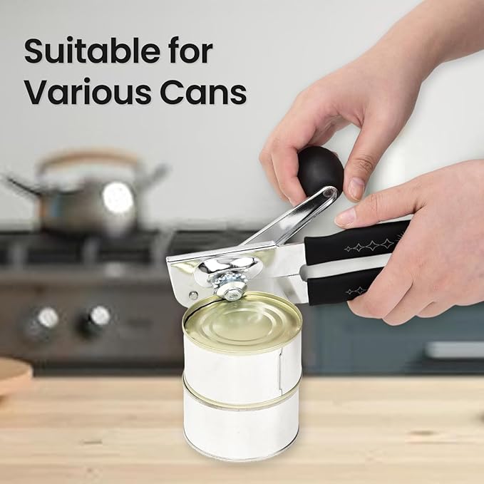 Manual Can Opener with Magnet, Heavy Duty Hand Can and Bottle Opener with Stainless Steel Blade and Rubber Grip, Smooth Cutting Hand Can Openers for Senior, Magnetic Lid Remover Kitchen Tool (Black)