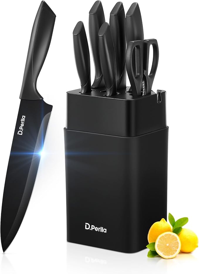 Knife Set, D.Perlla 8-Piece Kitchen Knife Set with Built-in Sharpener, Dishwasher Safe Non-stick & Non Rust, Black Coating Stainless Steel Knife Block Set, Sharp Chef Knives with Universal Knife Block