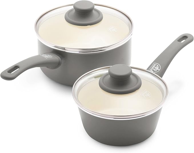 GreenLife Soft Grip 1QT and 2QT Saucepan Set, Healthy Ceramic Nonstick, Non Toxic PFAS & PFOA-Free, Dishwasher Safe, Glass Lids, Stay-Cool Handles, Easy Clean Cookware, Kitchen Essentials, Gray
