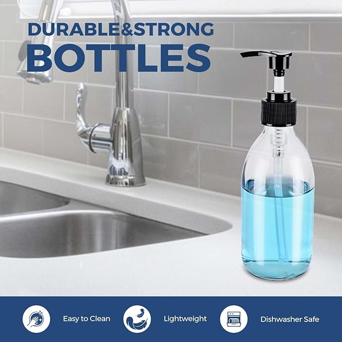 8 oz Clear Glass Pump Bottle, 250ml Small Lotion Dispenser Bottle for Body Massage Oil, Refillable Empty Hand and Dish Soap Dispensers Set with Storage Caps, Labels - 2 Pack