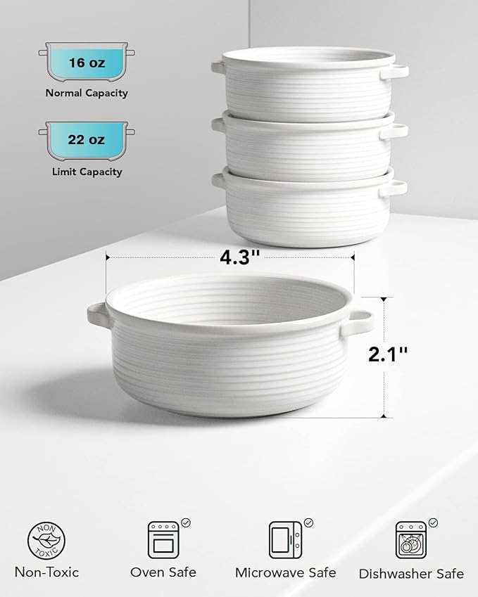 LE TAUCI Soup Bowls with Handles - 22 oz Lead-Free Ceramic French Onion Crocks, Oven and Microwave Safe, Heat-Resistant Design, Stackable, Dishwasher Safe, Set of 4, White