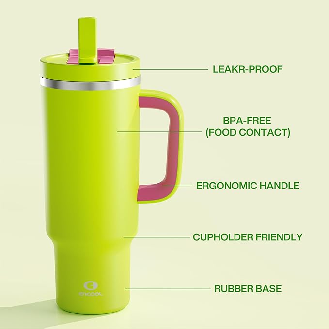 ENCOOL 40 oz Tumbler with Handle and Straw: Stainless Steel Insulated Tumbler Keeps Cold for 24 Hours, Leakproof Travel Cup Fits in Cup Holder and BPA-Free,Acid Green