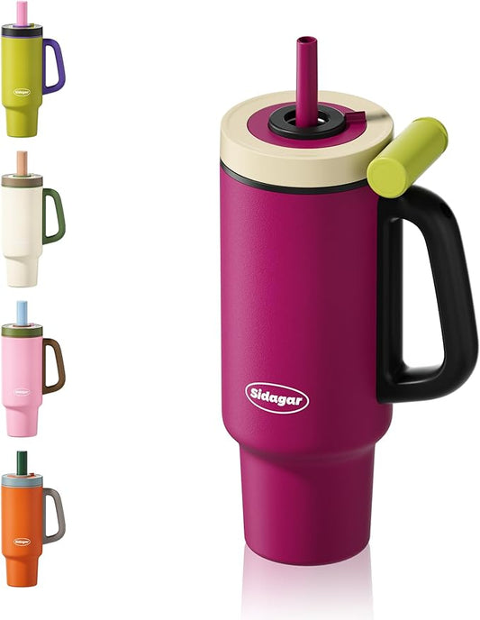 Tumbler with Handle,36 oz Ceramic Lined Travel Mug Water Bottle with Straw,Vacuum Insulated Stainless Steel Cup with Lid,Fits Cup Holder, Leak Resistant Press-in Lid, Purple