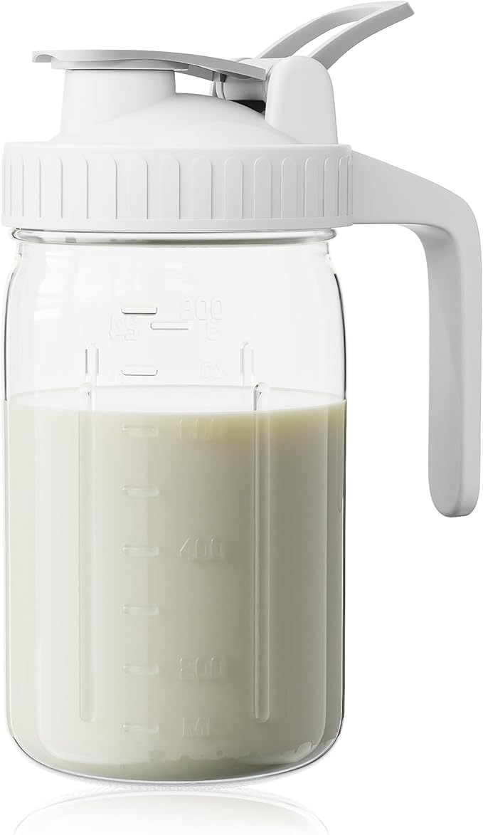 Breast Milk Pitcher, Mason Jar 32 oz, Heavy Duty Wide Mouth Jar with White Flip Cap Lid and Pour Spout, Airtight Seal for Freshness and Convenience, Formula Pitcher Great for Cold Beverages