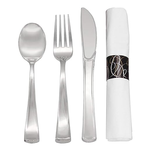 Party Essentials Pre-Rolled Disposable Extra Heavy Duty Plastic Cutlery Kit with Silver Fork/Knife/Spoon and 3-Ply White Napkin (Case of 100 Rolls), (N501725-4)
