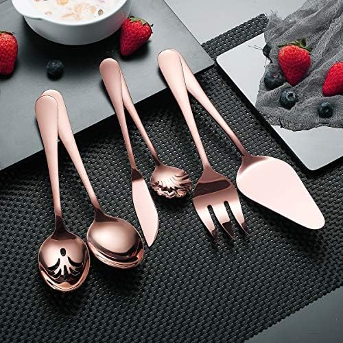 Berglander Stainless Steel Rose Gold Titanium Plated Flatware Serving Set 6 Pieces, 5 Serving Pieces of 45 Pieces Flatware With 1 Cake Server, Copper Serving Silverware Set (Shiny Rose Gold)