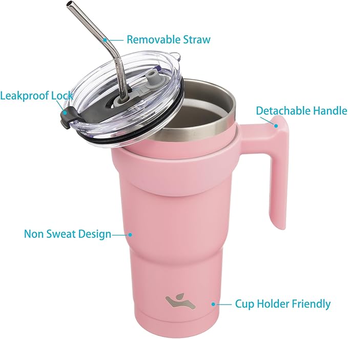 20 oz Tumbler with Handle and 2 Straw 2 Lid, Insulated Water Bottle Stainless Steel Vacuum Cup Reusable Travel Mug, Light Pink