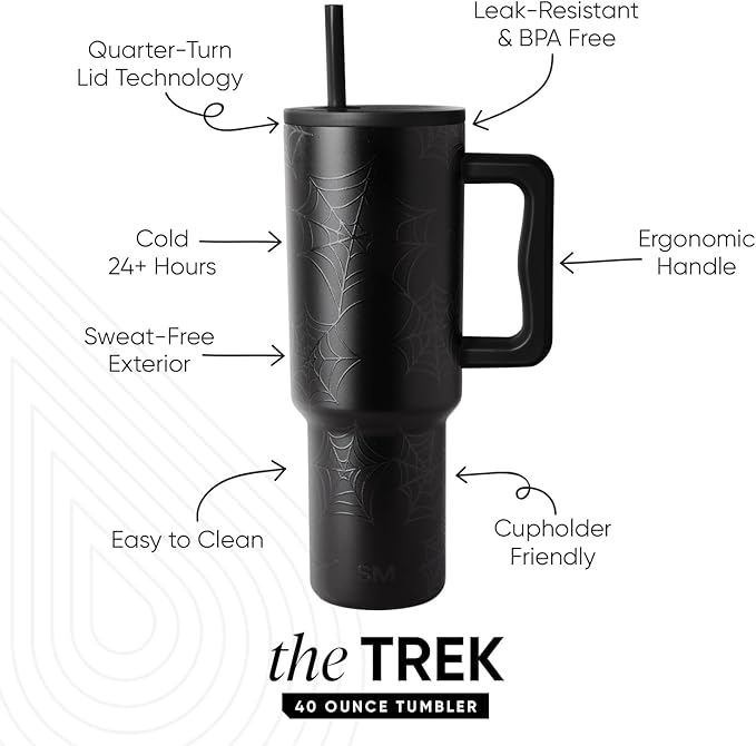 Simple Modern Halloween 40 oz Trek Tumbler with Handle and Straw Lid | Cup Holder Friendly Insulated Stainless Steel Travel Mug | Spiderwebs