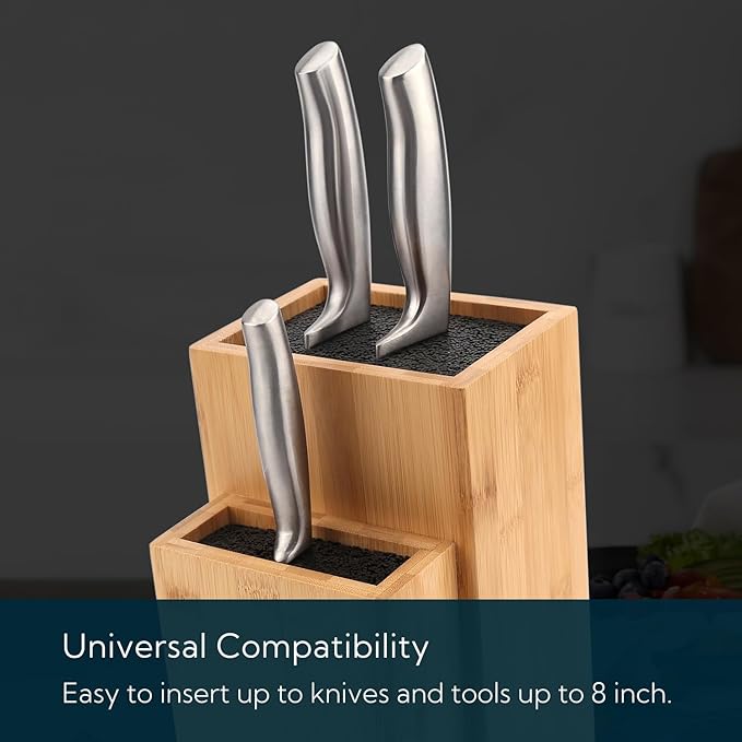 Bamboo Universal Knife Block, Extra Large Two-tiered Slotless Bamboo Knife Stand Organizer Holder, Convenient Safe Storage for Knives & Utensils, Detachable Bristles for Easy Cleaning -by KITCHENDAO