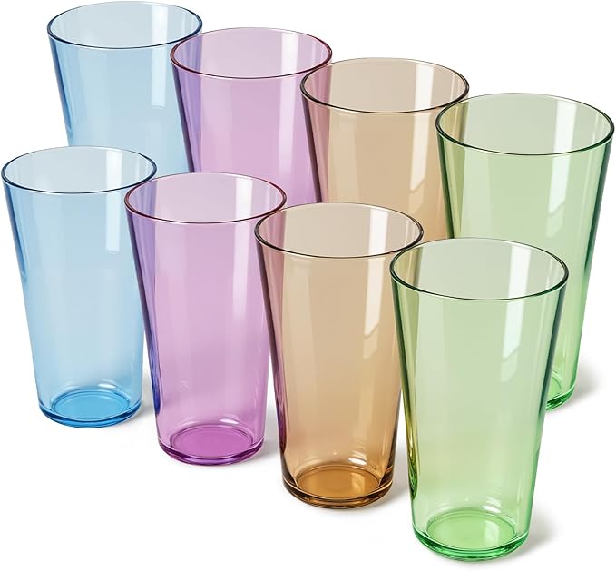 Freshmage 8 Pack Plastic Reusable Drinking Glasses, 20oz Colorful Drinking Cups, BPA-Free, Shatter-Proof, Dishwasher & Microwave Safe, Stackable Tumblers for Home, Outdoor, Party, Picnic, Pool