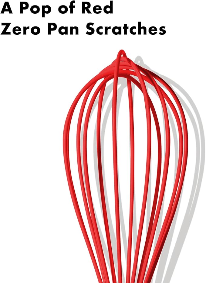 10-Inch Red Silicone Whisk, Heat Resistant 480°F Kitchen Whisk with Stainless Steel Ergonomic Handle, Non-Scratch for Nonstick Cookware, Dishwasher Safe, Perfect for Blending, Cooking & Beating
