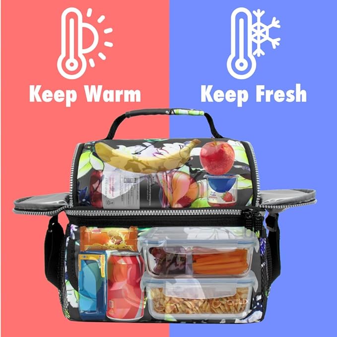 opux Lunch Bag Women Insulated, Adult Lunch Box Cooler, Flower Lunch Box, Dual Compartment Lunchbox for Work, Leakproof Double Decker Lunch Bag, Soft Lunch Pail Tote Girls Kids School, Floral Gray