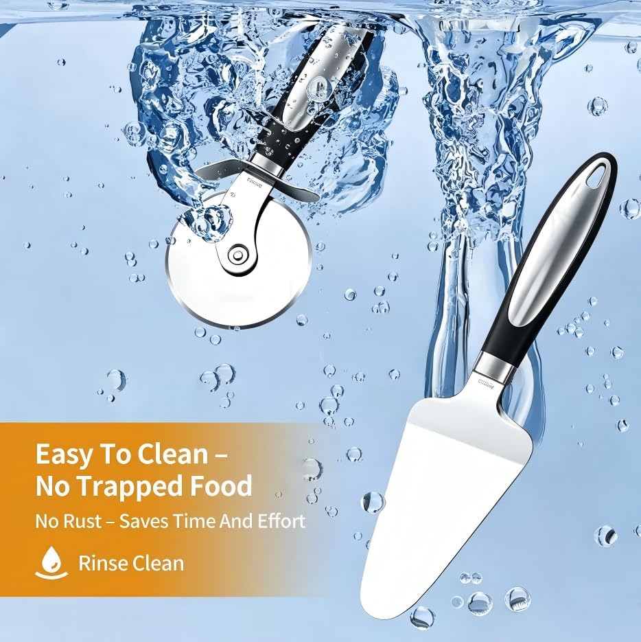 2-Piece Pizza Cutter Set. Stainless steel pizza wheel with non-slip handle. 8-inch multi-purpose design suitable for pizza, cake, pastries and more. Dishwasher-safe and easy to clean