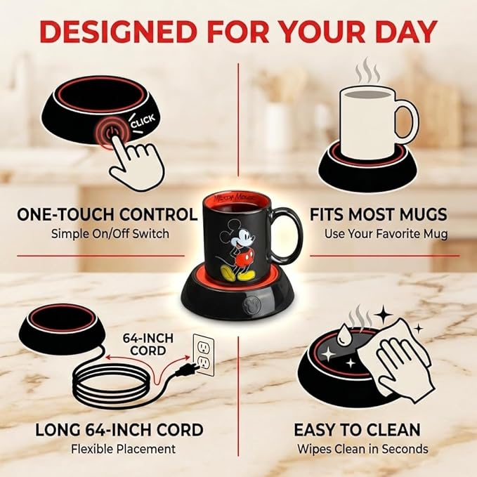 Disney Mickey Mouse Mug Warmer with 12 oz Mug by Select Brands - Coffee Cup Warmer with Ceramic Mug Included - Electric Warmer Plate for Home & Office - Disney Kitchen Accessories - Mickey Mouse