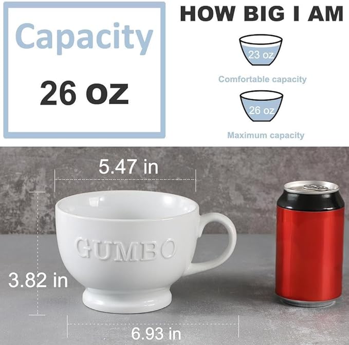 Jumbo Soup Mugs, Soup Bowls with Handle, 26 Ounce Ceramic Coffee and Cereal Mugs, Set of 2, White