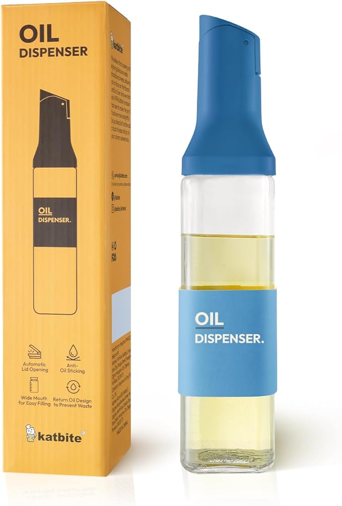 katbite 16oz Glass Olive Oil Dispenser Bottle for Kitchen Cooking - Leakproof Kitchen Essential with Precise Pouring Spout for Salad, Air Fryer, BBQ, Non-Stick Pans, Easy Refill and Use, Blue