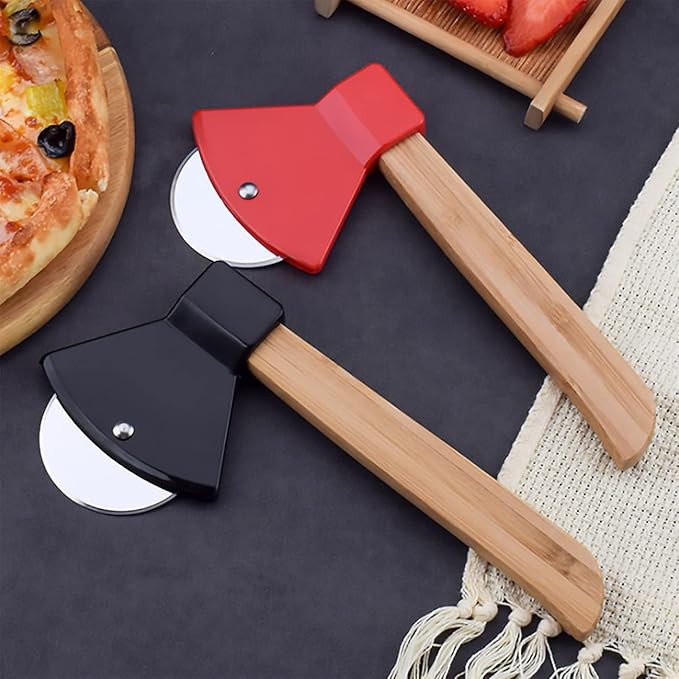 2Pcs Pizza Cutter Wheel, Axe Shaped Stainless Steel Pizza Knife With Bamboo Handles and Sharp Rotating Blades, Pizza Slicer Rolling Cutter for Pies, Cookies, Bread, Cakes (Black & Red)