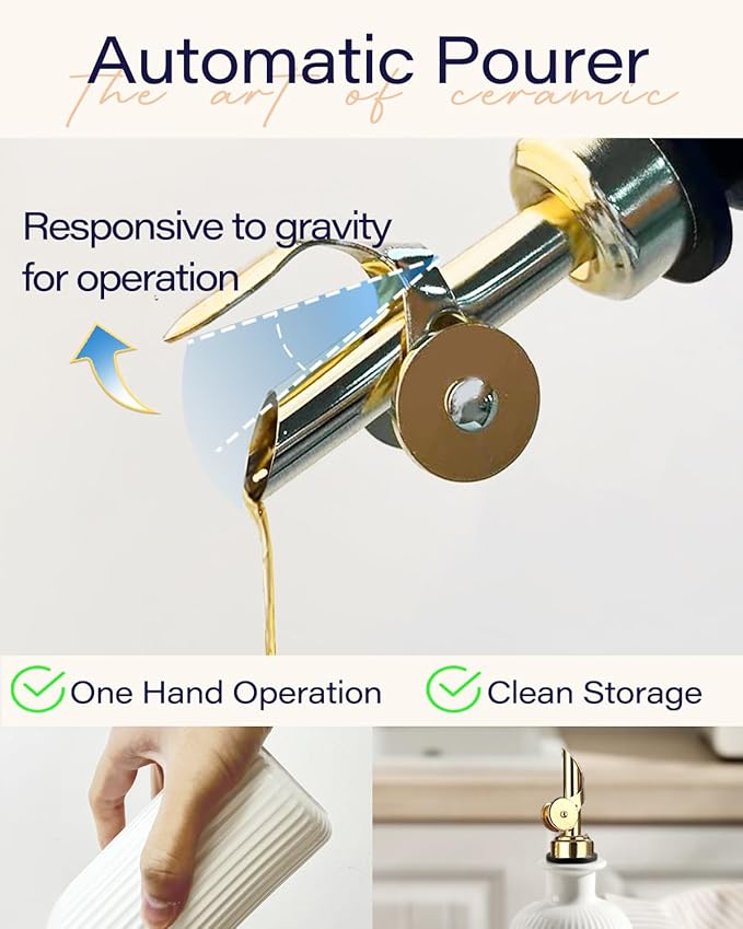 getstar 18 oz Olive Oil Dispenser Bottle for Kitchen, Ceramic Oil Bottle with Automatic Stainless Steel Pourer (Golden Pourer, Vintage White)