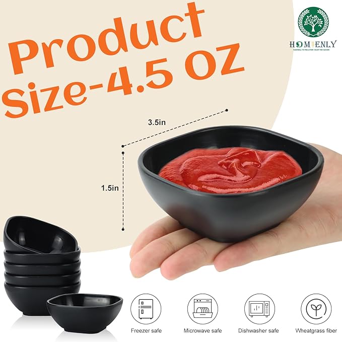 Homienly Wheat Straw Small Dishes Set of 6, 4.5oz Unbreakable Serving Dish & Sauce Dish, Salt Dish, Small Candy Dish, Appetizer Serving Dishes, Chips and Salsa Serving Dish for Side Dishes - Black
