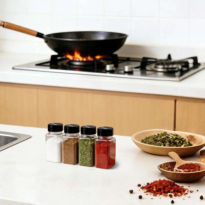 28 Pcs 4 oz Small Plastic Spice Jars with Black Cap,Square Plastic Bottle Containers with Lid and Stickers,Empty Seasoning Bottles Clear Spice Shaker for Kitchen Organization