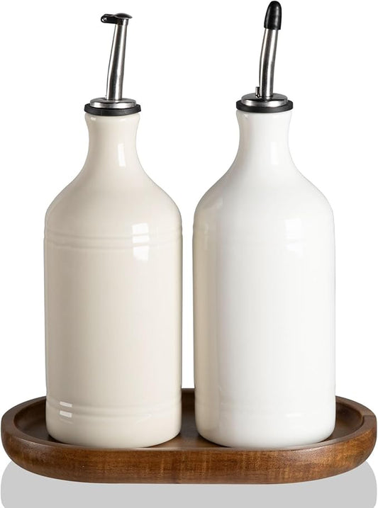 Sweejar Ceramic Olive Oil Dispenser Bottle Set, Opaque Oil Cruet Protects to Reduce Oxidation, Suitable For Storage Of Vinegar, Soy Sauce & Other Liquids,Pack of 2,15.5 Fl Oz (Beige Fogblue)