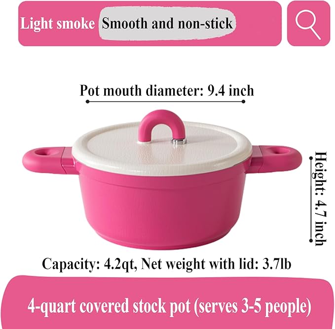Alpstone 4QT Nonstick Stock Pot with Lid, Ceramic Casserole with Die-cast lid, Non-toxic Kitchen Soup Pot, Family Cooking Pots PFAS and PFOA Free (Pink Color)