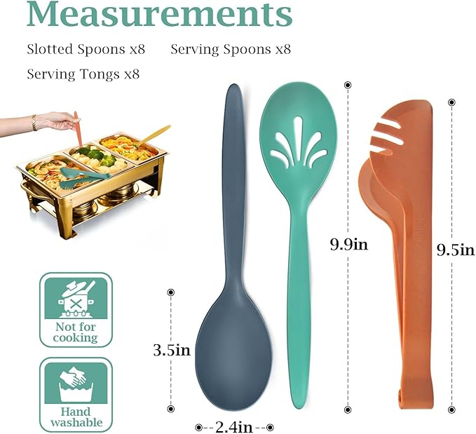 Reusable Plastic Serving Utensils Set of 24, 10" Wheat Straw Large Serving Set - Slotted Spoons/Tongs, for Party Buffet Catering (Orange/Blue/Yellow/Green, Not for Cooking)